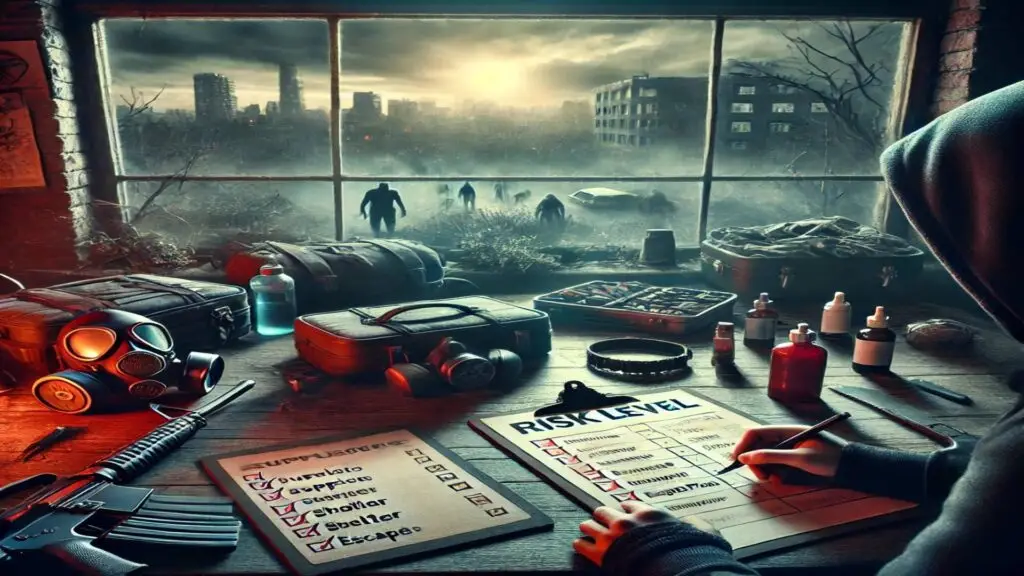 person sitting at a desk in front of window looking out at the zombies