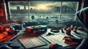 person sitting at a desk in front of window looking out at the zombies