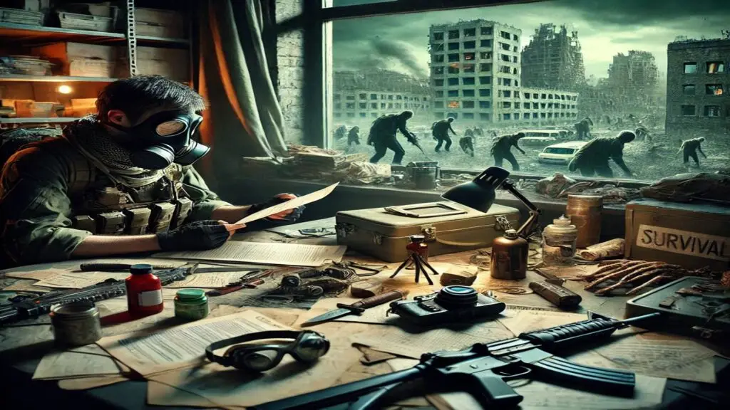 man in survival mode with zombies outside