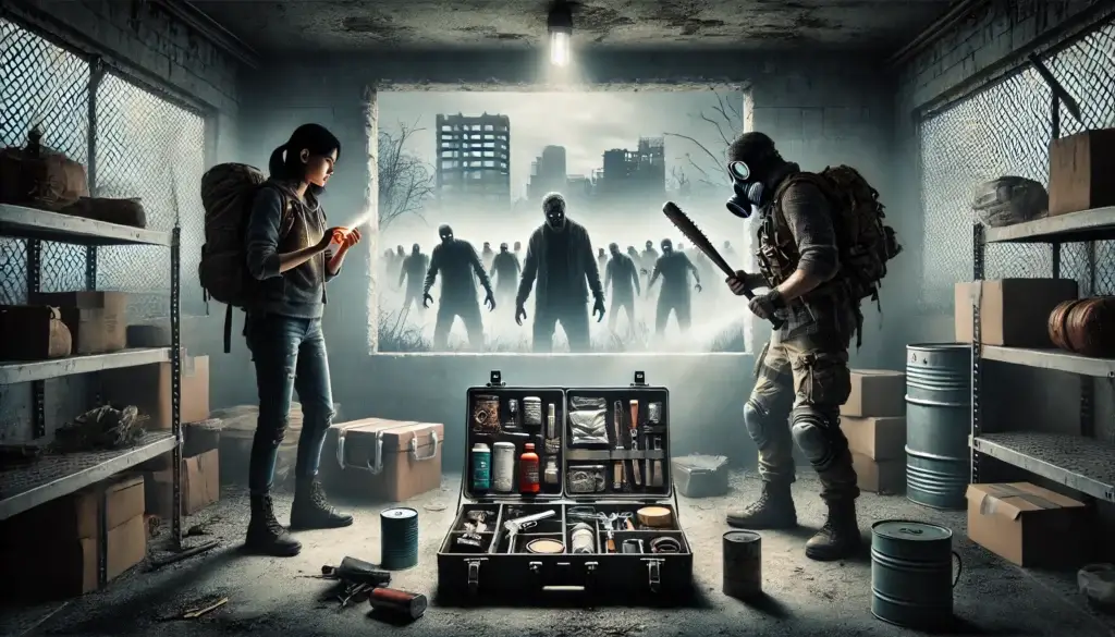 A post-apocalyptic scene featuring a group of survivors in a fortified hideout surrounded by zombies. One survivor holds a flashlight and a baseball bat
