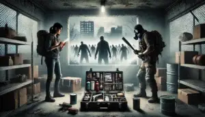A post-apocalyptic scene featuring a group of survivors in a fortified hideout surrounded by zombies. One survivor holds a flashlight and a baseball bat