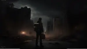 a post-apocalyptic city skyline with eerie lighting. Streets are empty, and a lone survivor wearing a backpack is seen holding an emergency kit while looking at a dark, ominous sky.