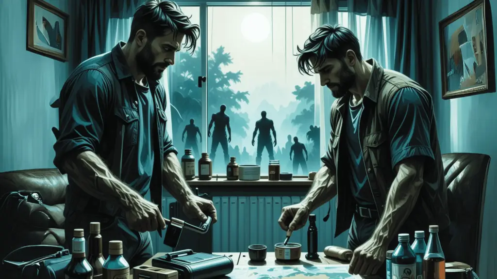 two men preparing survival kits with men outside