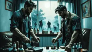 two men preparing survival kits with men outside