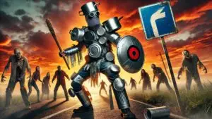 Post-apocalyptic scene featuring a person in makeshift armor made of pots, pans, and duct tape, holding a road sign shield, with zombies silhouetted against a fiery sunset in the background