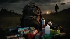 zombie apocalypse emergency kit in desolate background